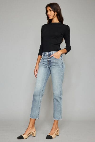 Kancan High Waist Button Fly Raw Hem Cropped Straight Jeans Light by Trendsi | Fleurcouture