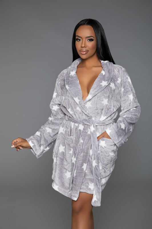 Kaylee Robe Star Print Dark Grey/White 2X/3X by BE WICKED | Fleurcouture