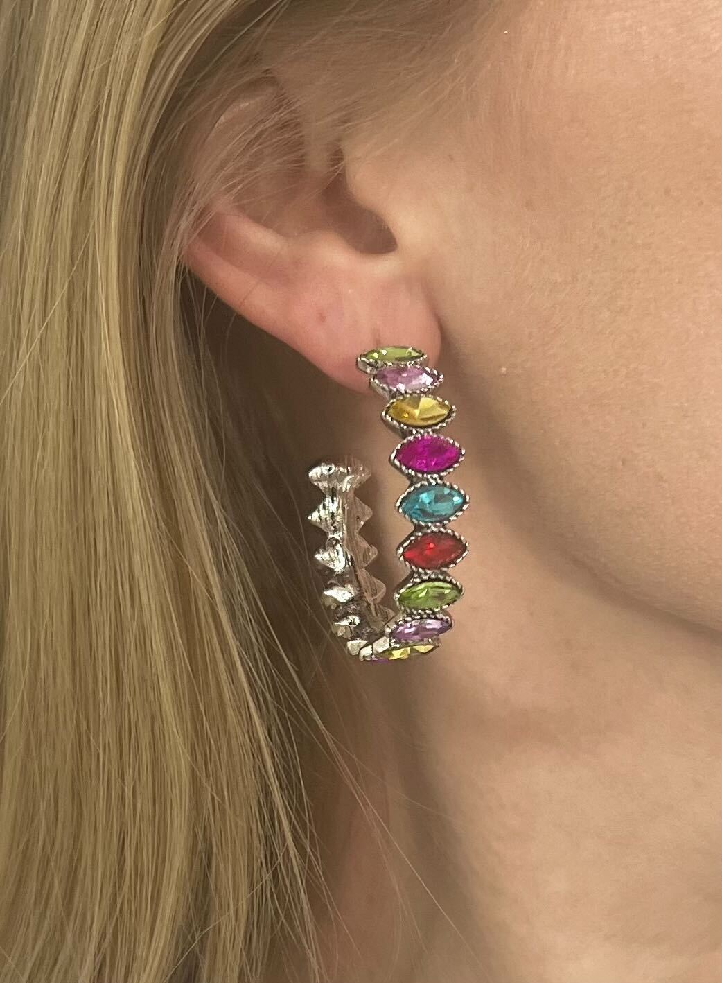 Keep It Stunning Multicolor Rhinestone Silver Hoops Silver One Size Earrings by Grace &amp; Emma | Fleurcouture