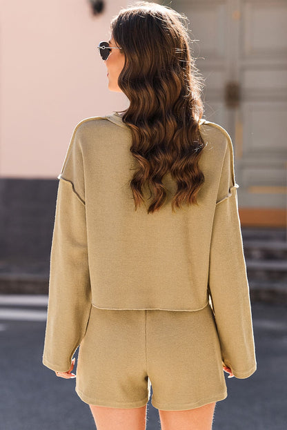 Khaki Exposed Seam Textured Long Sleeve Top Shorts Set Apricot khaki 60%Cotton+35%Polyester+5%Elastane Two Piece Sets by Fleurcouture | Fleurcouture