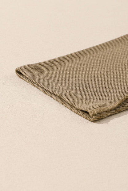 Khaki Exposed Seam Textured Long Sleeve Top Shorts Set Apricot khaki 60%Cotton+35%Polyester+5%Elastane Two Piece Sets by Fleurcouture | Fleurcouture