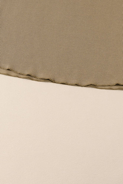 Khaki Exposed Seam Textured Long Sleeve Top Shorts Set Apricot khaki 60%Cotton+35%Polyester+5%Elastane Two Piece Sets by Fleurcouture | Fleurcouture