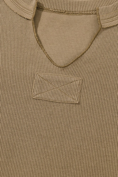 Khaki Exposed Seam Textured Long Sleeve Top Shorts Set Apricot khaki 60%Cotton+35%Polyester+5%Elastane Two Piece Sets by Fleurcouture | Fleurcouture