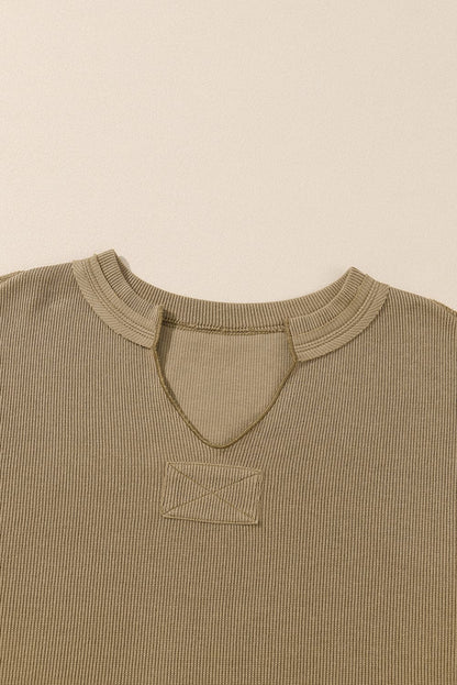 Khaki Exposed Seam Textured Long Sleeve Top Shorts Set Apricot khaki 60%Cotton+35%Polyester+5%Elastane Two Piece Sets by Fleurcouture | Fleurcouture