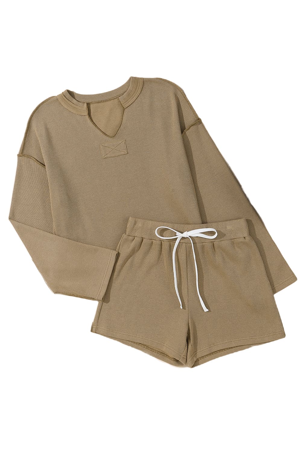 Khaki Exposed Seam Textured Long Sleeve Top Shorts Set Apricot khaki 60%Cotton+35%Polyester+5%Elastane Two Piece Sets by Fleurcouture | Fleurcouture