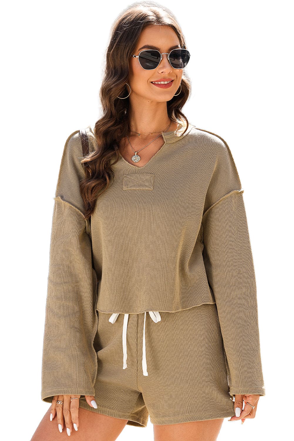 Khaki Exposed Seam Textured Long Sleeve Top Shorts Set Apricot khaki 60%Cotton+35%Polyester+5%Elastane Two Piece Sets by Fleurcouture | Fleurcouture