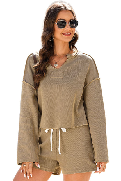 Khaki Exposed Seam Textured Long Sleeve Top Shorts Set Apricot khaki 60%Cotton+35%Polyester+5%Elastane Two Piece Sets by Fleurcouture | Fleurcouture