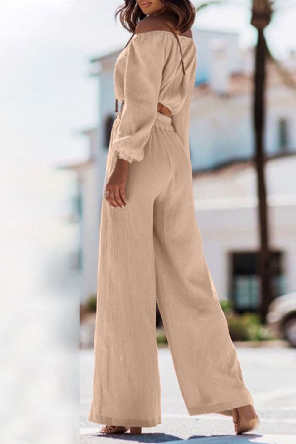 Khaki Long Puff Sleeve High Waist Crinkle Two Piece Set Khaki 100%Cotton Two Piece Sets by Fleurcouture | Fleurcouture