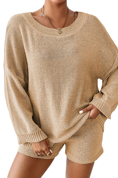 Khaki Solid Sweater Drawstring Shorts Outfit Khaki 100%Polyester Two Piece Sets by Fleurcouture | Fleurcouture
