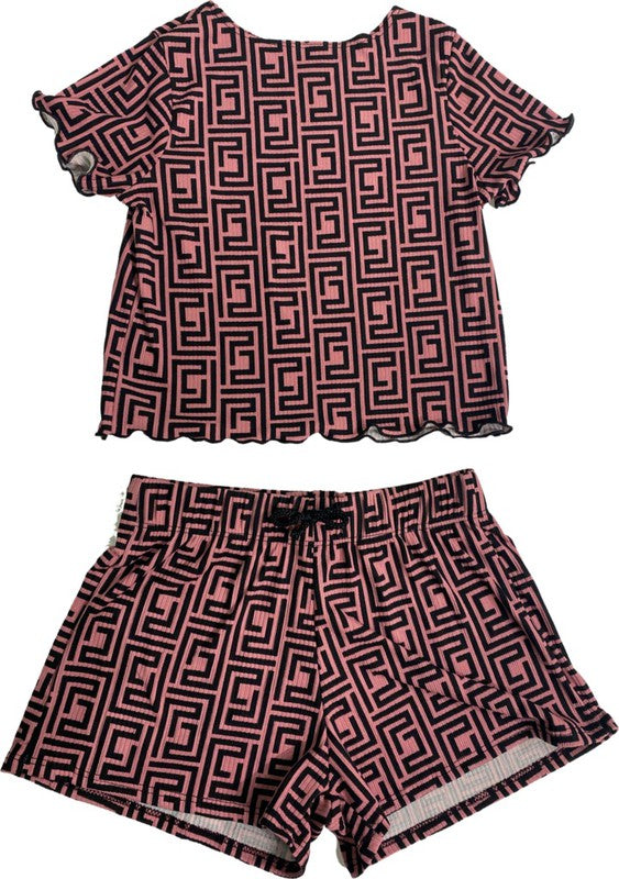 KIDS 2 - PIECE RIBBED PRINTED TOP AND SHORTS SET Pink S by Cheryl Creations | Fleurcouture