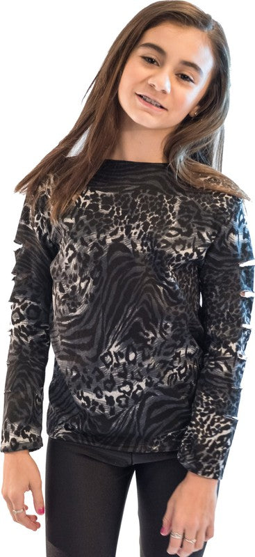 KIDS LEOPARD CUT SLEEVE TOP Grey S by Cheryl Creations | Fleurcouture