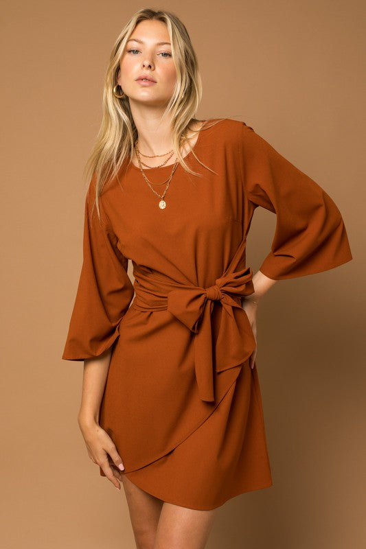 Kimono Sleeve Tie Wrap Dress Brown by Gilli | Fleurcouture