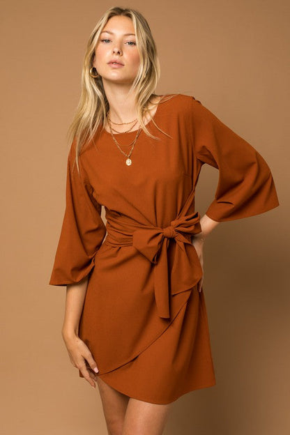 Kimono Sleeve Tie Wrap Dress Brown by Gilli | Fleurcouture