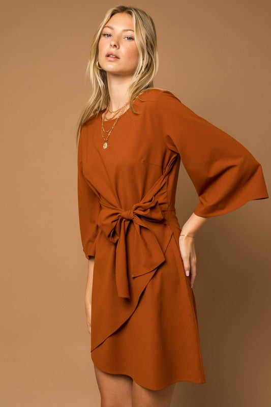 Kimono Sleeve Tie Wrap Dress Brown by Gilli | Fleurcouture