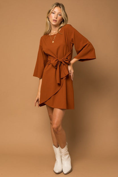 Kimono Sleeve Tie Wrap Dress Brown by Gilli | Fleurcouture