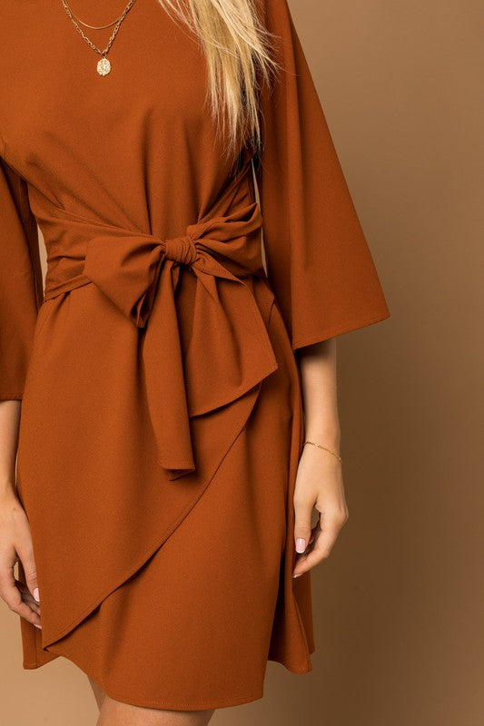 Kimono Sleeve Tie Wrap Dress Brown by Gilli | Fleurcouture