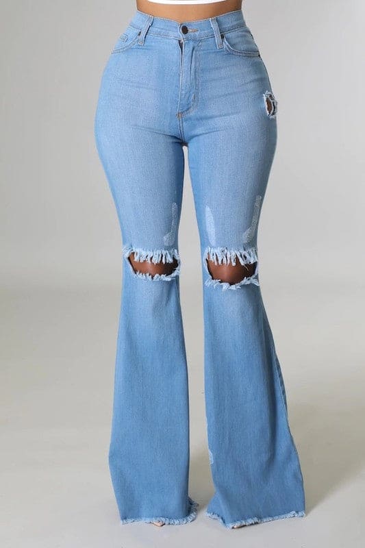 Knee Rip Flare Jean in Medium Wash Medium Wash 15 Flare Jeans by GJG Denim | Fleurcouture