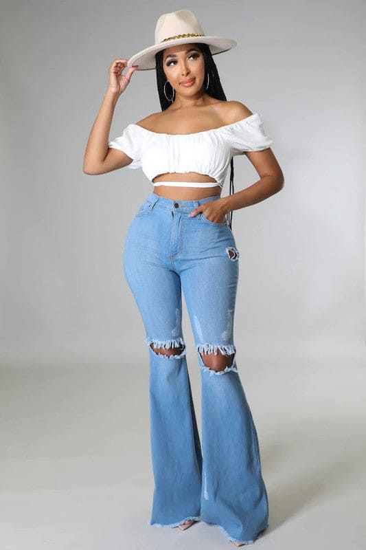 Knee Rip Flare Jean in Medium Wash Medium Wash Flare Jeans by GJG Denim | Fleurcouture