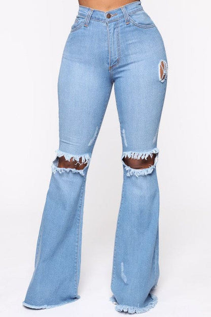 Knee Rip Flare Jean in Medium Wash Medium Wash Flare Jeans by GJG Denim | Fleurcouture