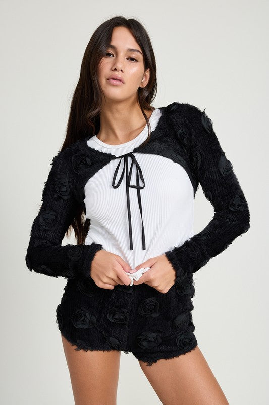 KNIT BOLERO WITH 3D ROSETTES BLACK S by Emory Park | Fleurcouture
