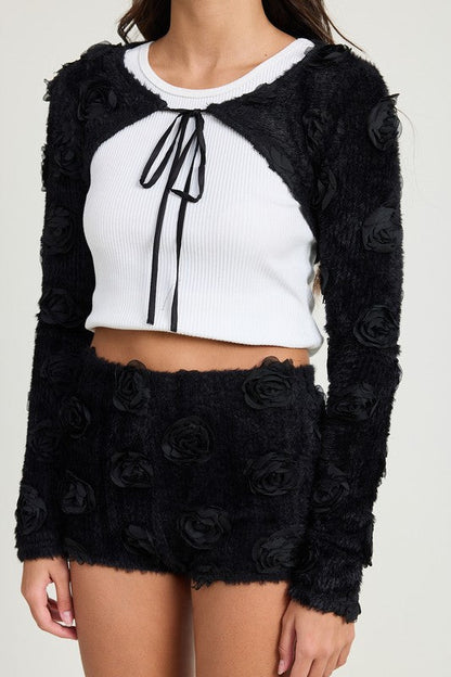 KNIT BOLERO WITH 3D ROSETTES by Emory Park | Fleurcouture