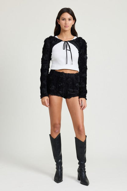 KNIT BOLERO WITH 3D ROSETTES by Emory Park | Fleurcouture