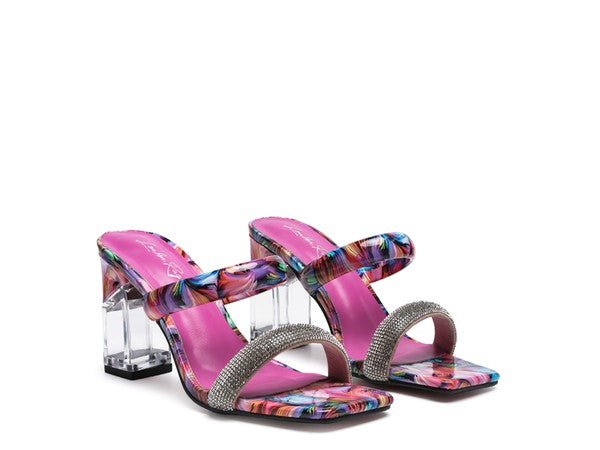 KRYPTON Clear Block Heeled Marble Print Slides Pink 6 by Rag Company | Fleurcouture