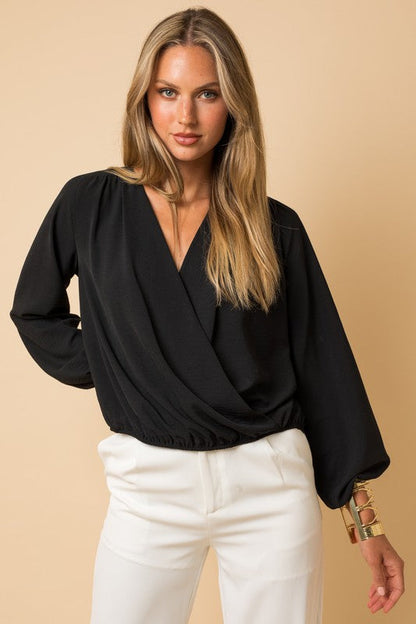 L/S Surplice Shoulder Shirring Top Black L by Gilli | Fleurcouture