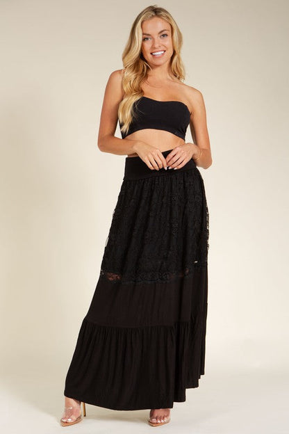 Lace Combo Tier Ruffle Maxi Skirt BLACK by Orange Farm Clothing | Fleurcouture