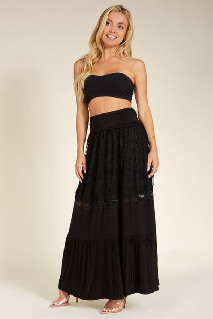 Lace Combo Tier Ruffle Maxi Skirt BLACK by Orange Farm Clothing | Fleurcouture