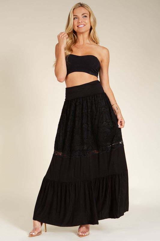 Lace Combo Tier Ruffle Maxi Skirt BLACK S by Orange Farm Clothing | Fleurcouture