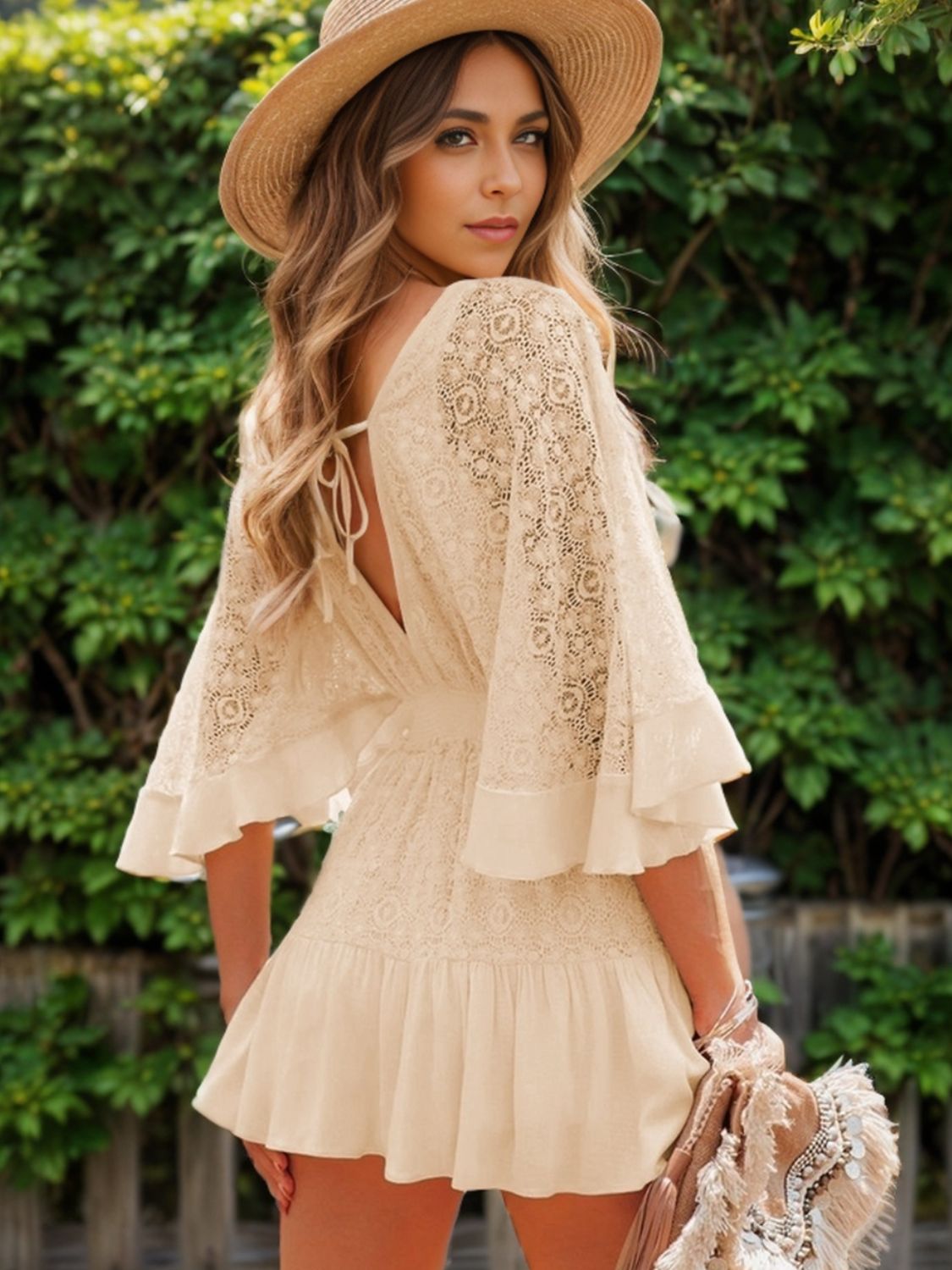 Lace Cutout Half Sleeve Mini Dress Cream S Dresses by Trendsi | Fleurcouture