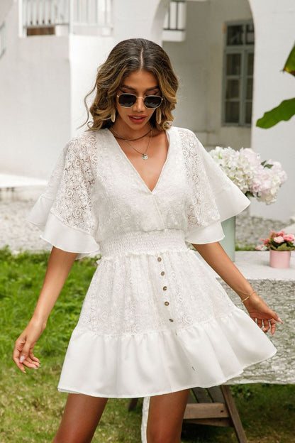 Lace Cutout Surplice Half Sleeve Dress White Dresses by Trendsi | Fleurcouture