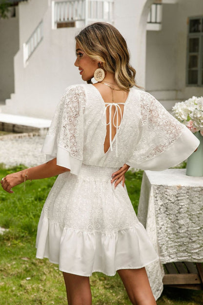 Lace Cutout Surplice Half Sleeve Dress White Dresses by Trendsi | Fleurcouture