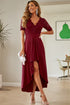 Lace Cutout V-Neck Short Sleeve Dress Burgundy XS Women&