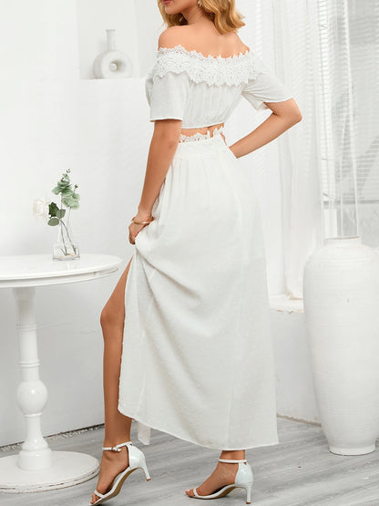 Lace Detail Off Shoulder Top and Slit Skirt Set White Women&