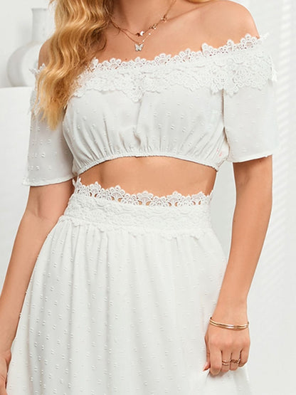 Lace Detail Off Shoulder Top and Slit Skirt Set White Women&