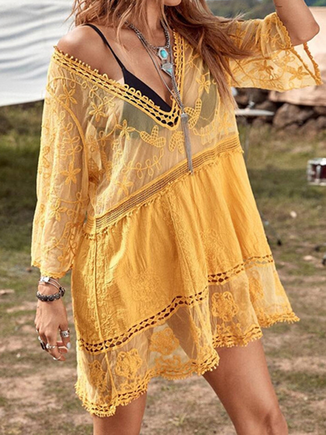 Lace Detail Plunge Cover-Up Dress Gold One Size Swimwear by Trendsi | Fleurcouture