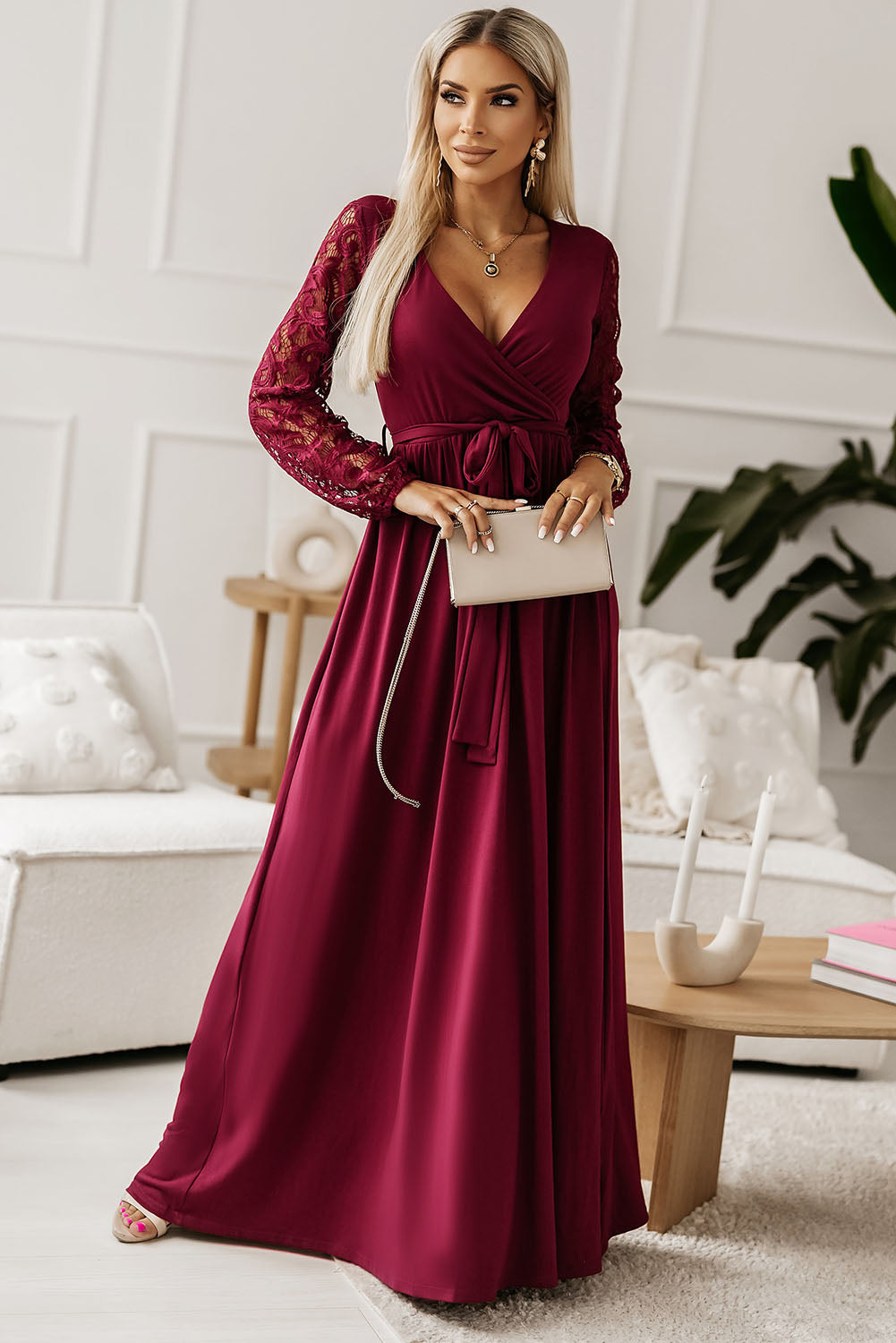 Lace Detail Surplice Tie-Waist Maxi Dress Wine S Women&