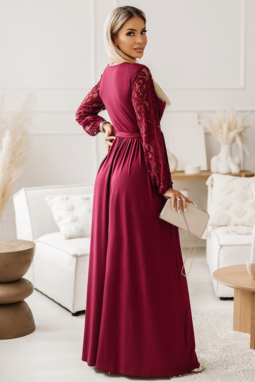 Lace Detail Surplice Tie-Waist Maxi Dress Wine Women&