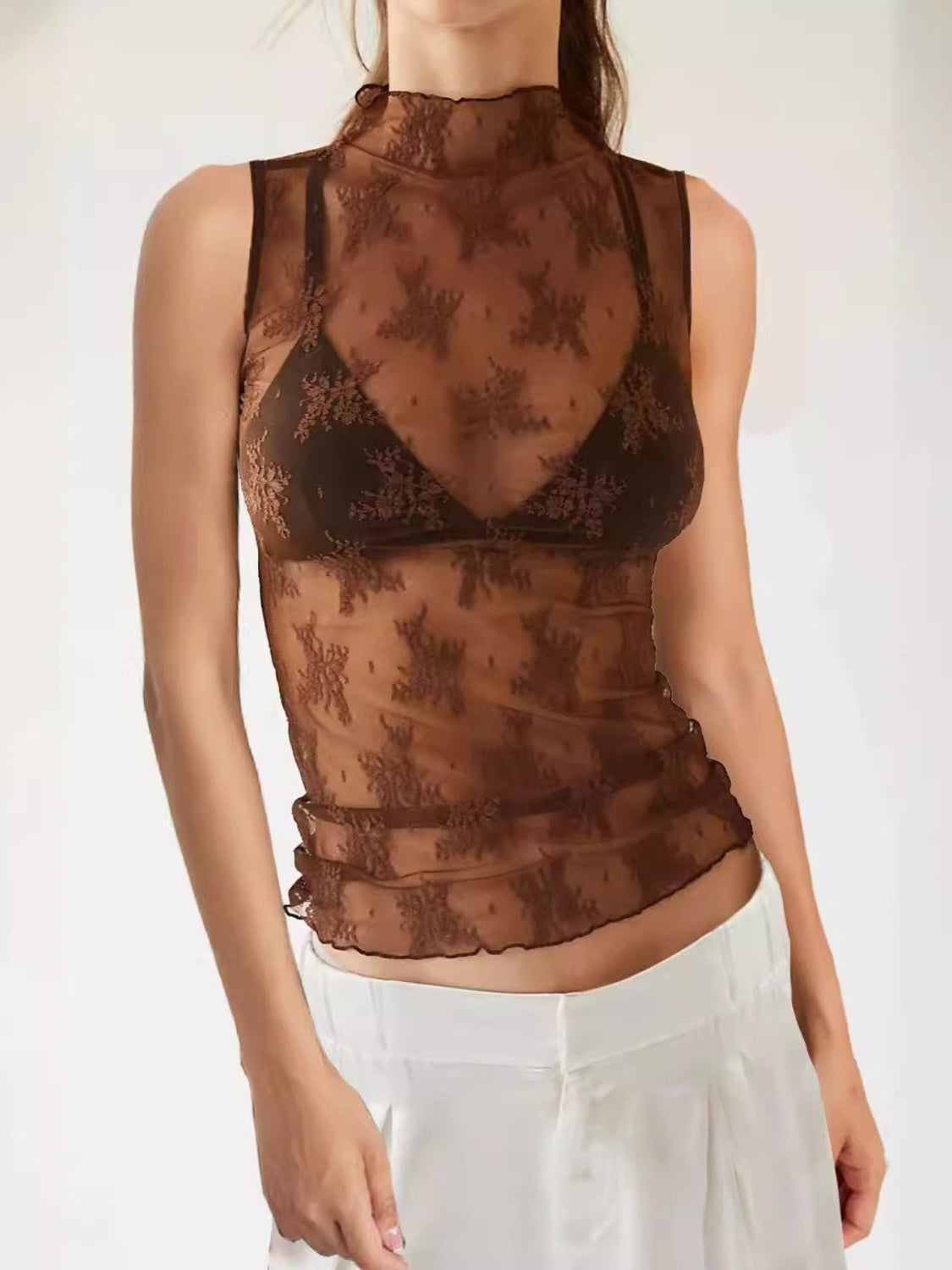 Lace Mock Neck Top Brown XS Women&