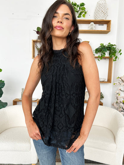 Lace Round Neck Tank Black S Women&