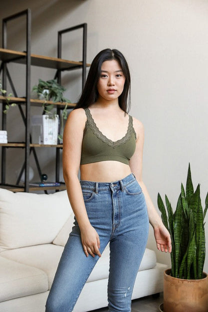 Lace Trim Padded Bralette Olive XS/S by Leto Accessories | Fleurcouture