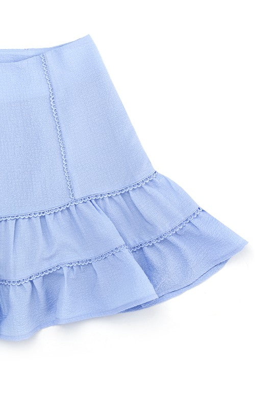 Lace trimmed smocking blouse and skirt set Light blue by Lilou | Fleurcouture