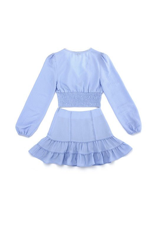 Lace trimmed smocking blouse and skirt set Light blue by Lilou | Fleurcouture