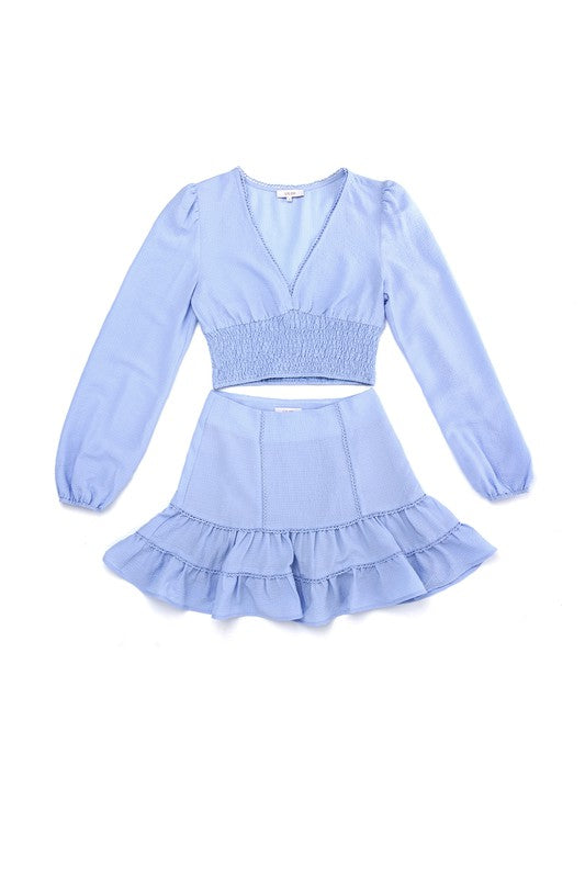 Lace trimmed smocking blouse and skirt set Light blue by Lilou | Fleurcouture