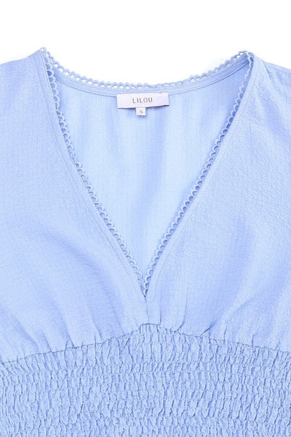 Lace trimmed smocking blouse and skirt set Light blue by Lilou | Fleurcouture