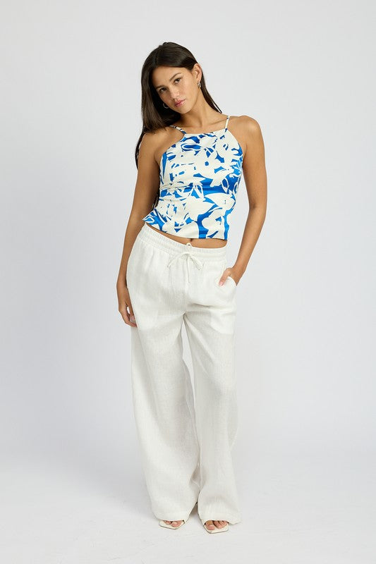 LACE UP BACK HALTER NECK TOP BLUE WHITE by Emory Park | Fleurcouture