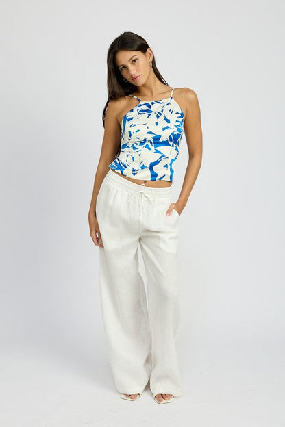 LACE UP BACK HALTER NECK TOP BLUE WHITE by Emory Park | Fleurcouture