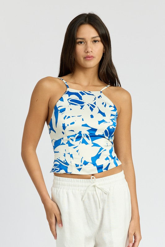 LACE UP BACK HALTER NECK TOP BLUE WHITE S by Emory Park | Fleurcouture